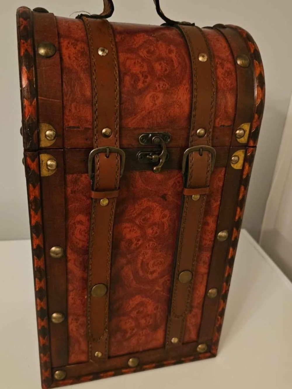 Rust Brown Decorative Travel Trunk with Leather-Strap Accents